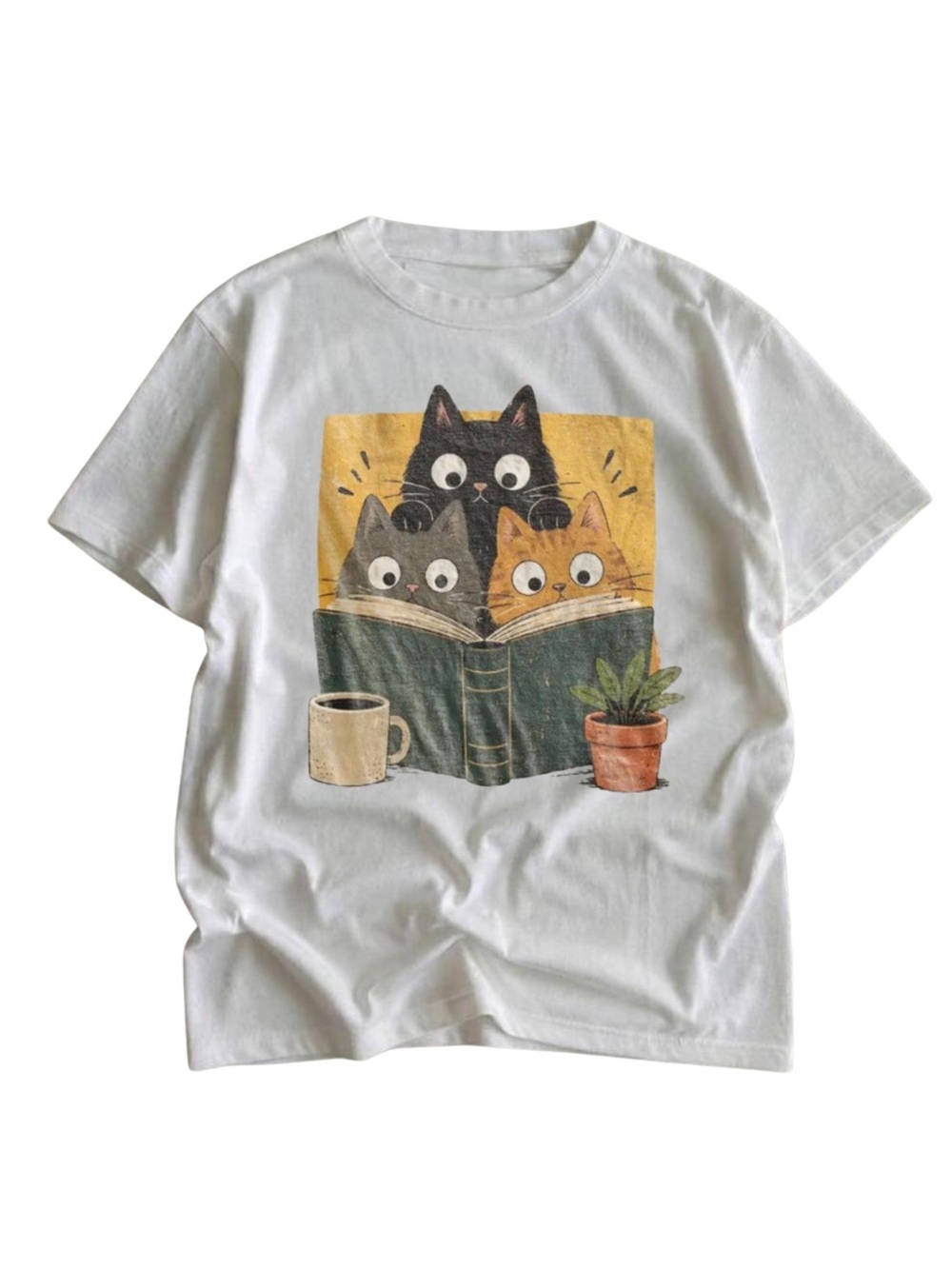 Gildan Cat Reading Graphic T-Shirt - White